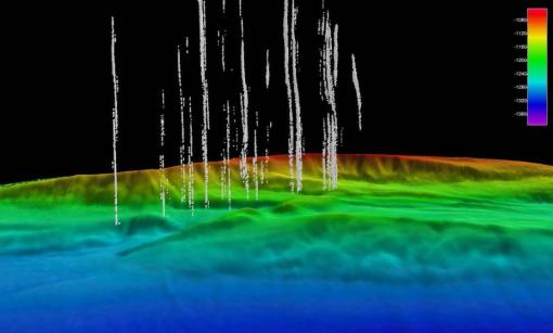 Sound waves reflect strongly off gas bubbles emanating from the seafloor and are visible in the multibeam echosounder water column data.