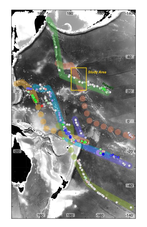 Figure modified from Konter et al. (2023), which shows different hotspot tracks with a corresponding model (colored paths) of their approximate expected path over the last 120 million years, illustrating the current understanding of relationships between different seamount chains throughout the Pacific. 