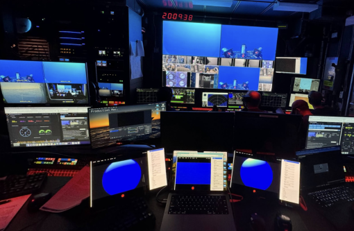 The Widefield Camera Array operated in the control room of E/V Nautilus. Stereo cameras and the high-resolution camera operate in sync to acquire immersive imaging.