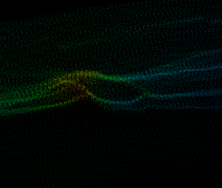 Dark image with rainbow color depth ramp point cloud image of a shallow amphitheater shaped basin on the seafloor