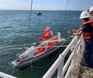 Ship-based mapping surveys are done by deploying the uncrewed surface vessel (UsX) DriX for nearshore mapping.