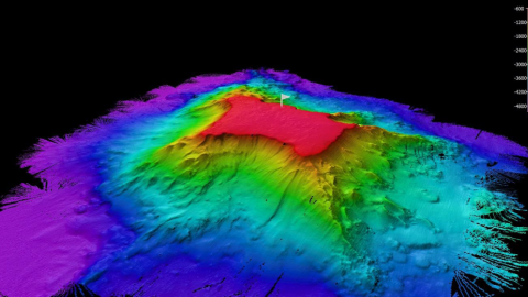 flat topped seamount viewed from above. Displayed in rainbow colors showing red on shallowest summit and blues and purples below