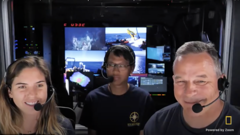 Three marine mammal team researchers sit side by side smiling at the camera, from left Carissa Cabrera, Abel Ho and Matthias Hoffman-Kuhnt