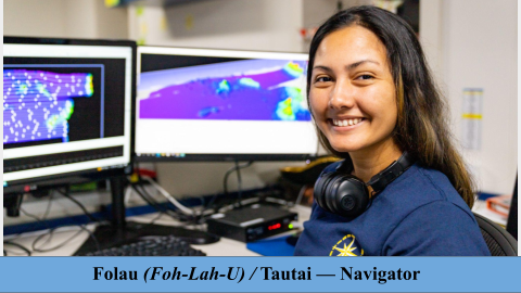 Slide from Samoan Vocabulary shows smiling woman in front of computer screen with translation of the term navigator as Folau