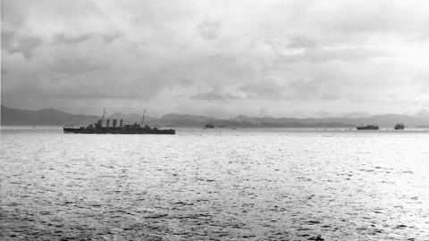 HMAS Canberra sailing in Iron Bottom Sound, off of Tulagi Island in August 1942