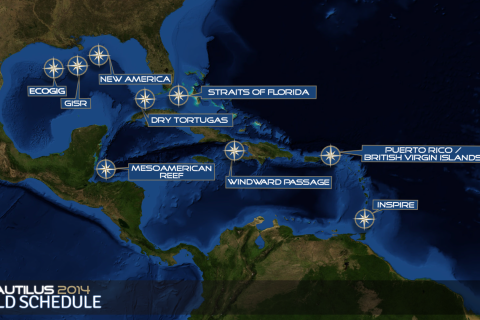 Map of Gulf of Mexico and Caribbean with 2014 expedition locations marked