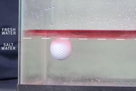 golf ball floating partway through a water column