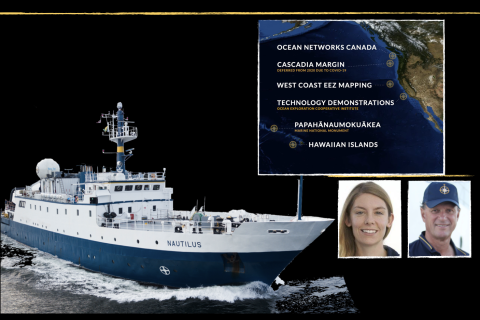 Collage of Nautilus and the 2021 expedition map with headshots of Nicole Raineault and Robert Ballard