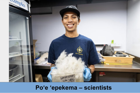 Poʻe ʻepekema – scientists vocabulary card with picture of a man holding a sponge in the ship lab