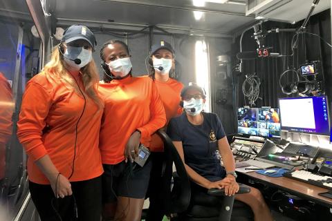 Marine Microplastic team posed inside the ship's studio