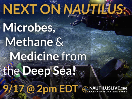 Next on Nautilus banner - white text reading microbes, methane, & medicine from the deep sea over a background image of methane hydrate
