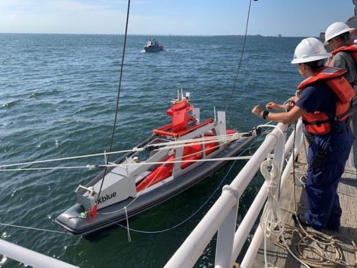 Ship-based mapping surveys are done by deploying the uncrewed surface vessel (UsX) DriX for nearshore mapping. 