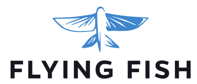 Flying fish logo with a blue flying fish and black block letters spelling the company name