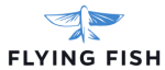 Flying fish logo with a blue flying fish and black block letters spelling the company name