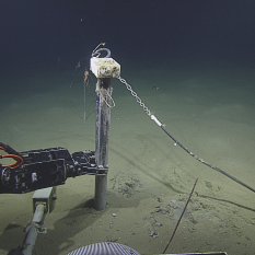 A tiltmeter being deployed on the sea floor