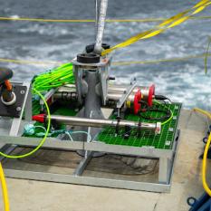 This is a tiltmeter on deck being prepared to be lowered to the seafloor.