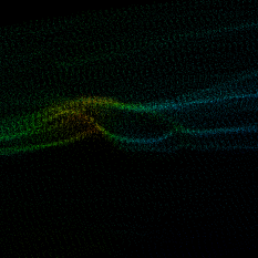 Dark image with rainbow color depth ramp point cloud image of a shallow amphitheater shaped basin on the seafloor