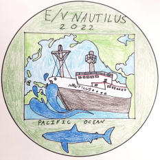 E/V Nautilus with the worlds map behind it