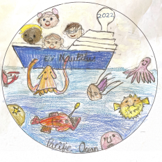 E/V Nautilus with different animals in the ocean and people onboard