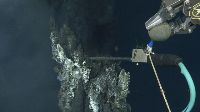 The temperatures of these vents can reach well over 300°C (>600°F). However, since the surrounding water is only a couple degrees, the ROV can get close without being damaged.