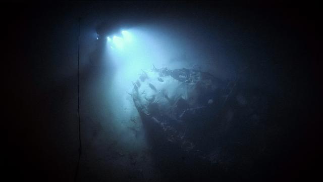 ROV Hercules images the detached stern of Imperial Japanese Navy Destroyer Teruzuki (照月). This view of ROV Hercules exploring the wreck was taken from ROV Atalanata.