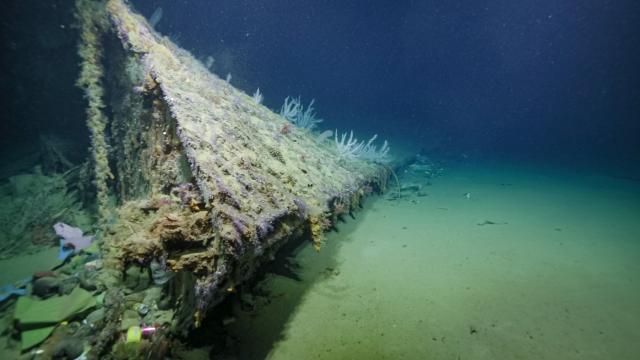 The bow of USS New Orleans lies on the seafloor of Iron Bottom Sound in the Solomon Islands. Single-use plastic trash, distributed by ocean currents, has accumulated around the site.