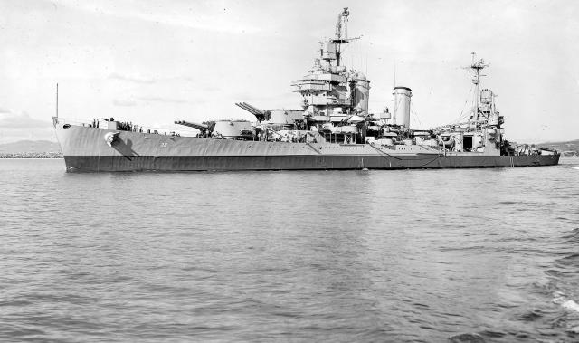 USS New Orleans (CA-32), the flagship of the New Orleans class of heavy cruisers, was heavily damaged in the WWII Battle of Tassafarronga at Guadalcanal when hit by a Japanese torpedo, catastrophically detonating the forward magazines and tearing off nearly one-third of the ship, including the bow.