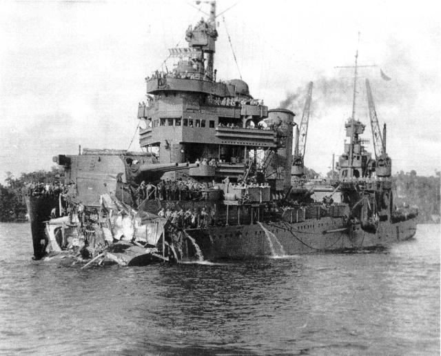 Bow-less and flooding after the explosion, New Orleans was heroically saved by damage control crew members, who stayed at their posts and saved their ship but not themselves. The ship limped back to the nearby Tulagi harbor, where, using coconut logs, the crew was able to stabilize the ship well enough to sail backward to the United States for permanent repairs.