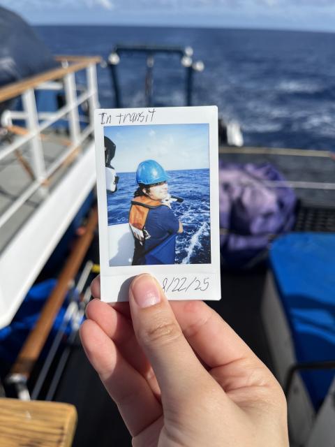 Seafloor mapping intern Lexie DelViscio deploys an Expendable Bathythermograph (XBT) off the back of the ship.
