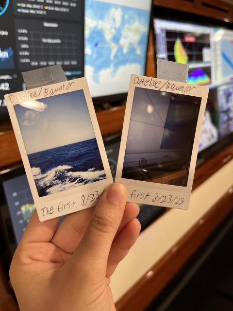 Two pictures showing the ocean and ship screen