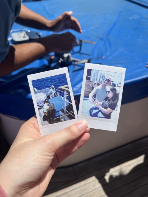 Two photos of the team flying drones