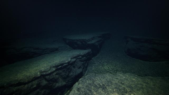 Iron-manganese crust atop seafloor sediments protects underlying sediments from remobilization. Gaps between the crust are filled with sediment, with small grains of Fe-Mn crust sitting on the surface.