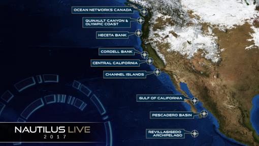 Map of Eastern Pacific with 2017 expedition locations marked