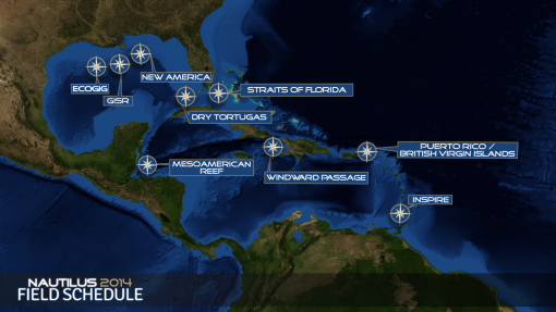 Map of Gulf of Mexico and Caribbean with 2014 expedition locations marked