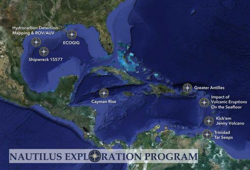 Map of Gulf of Mexico and Caribbean with 2013 expedition locations marked