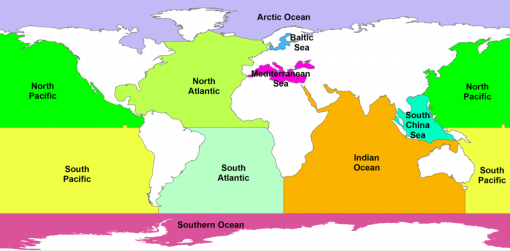 Labeled map of global ocean basins