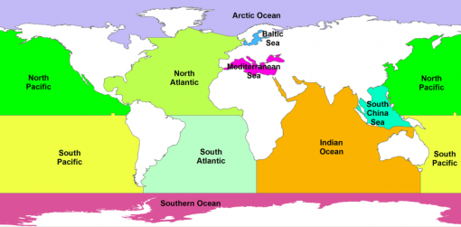 world map labeled seas