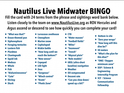 Page one of the midwater bingo cards