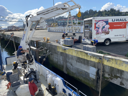 Image of crane lifting plastic totes off a raised concete harbor pier onto a ship deck.  Team members are wearing hard hats and a UHaul truck is parted off to the side of the picture unloading totes.