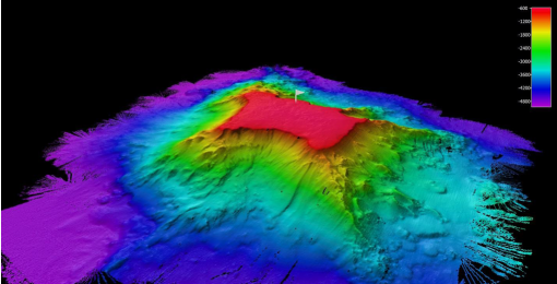 flat topped seamount viewed from above. Displayed in rainbow colors showing red on shallowest summit and blues and purples below