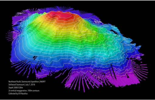 Asymettrical sriding mountain with summit to the left.  Falsely colored with rainbow to indicate shallow depths from deeper ones