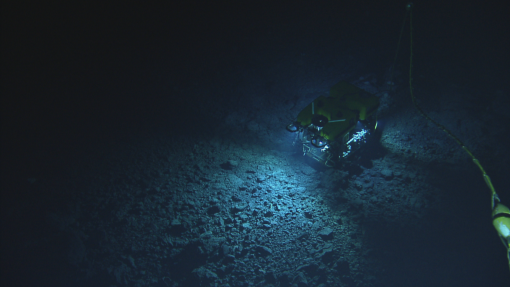 View from above of ROV Hercules exploring the seafloor illuminating a rocky patch
