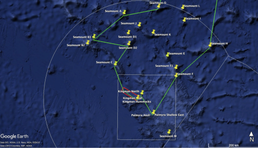 Map indicating possible dive targets (yellow) and trackline. Red polygons denote areas prioritized for bathymetric ECS mapping or gap filling.