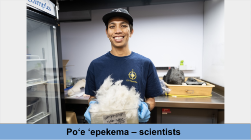 Poʻe ʻepekema – scientists vocabulary card with picture of a man holding a sponge in the ship lab