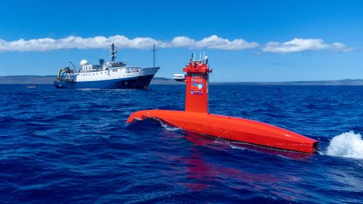Autonomous surface vessel (ASV) DriX can be autonomously or remotely operated from EV <em>Nautilus</em> as part of a dual-technology and exploration of Papahānaumokuākea.