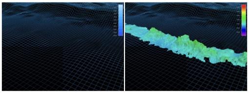 A depiction of the seafloor before (satellite data) and after a Nautilus pass with multibeam sonar data processed in QPS Qimera.