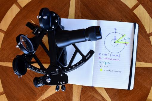 A sextant sits atop a set of calculations completed by SCFs Shannon Donovan and Kim Weaver.