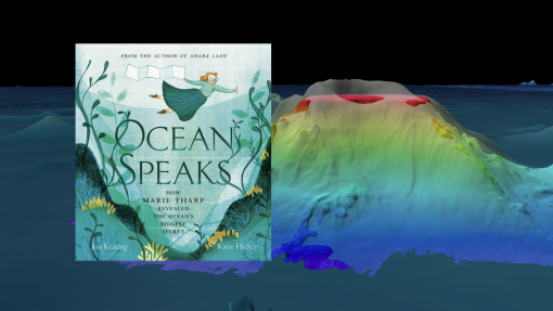Bathymetric map of a seamount overlayed with the cover of the Ocean Speaks children's book