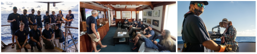 Three photos side by side of the team working onboard images include Hawaiian students