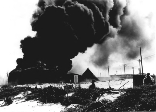 Fire at seaplane hangar on Sand Island Kuaihelani (Midway Atoll) 1942.